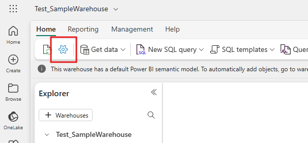 Power BI settings menu showing warehouse configuration options.